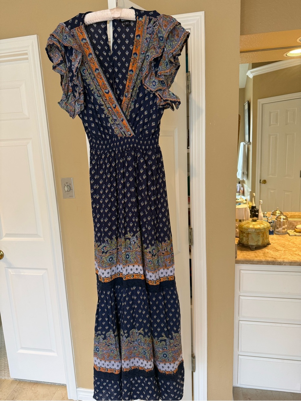 Angie Navy Maxi Dress with Multicolor Paisley Trim